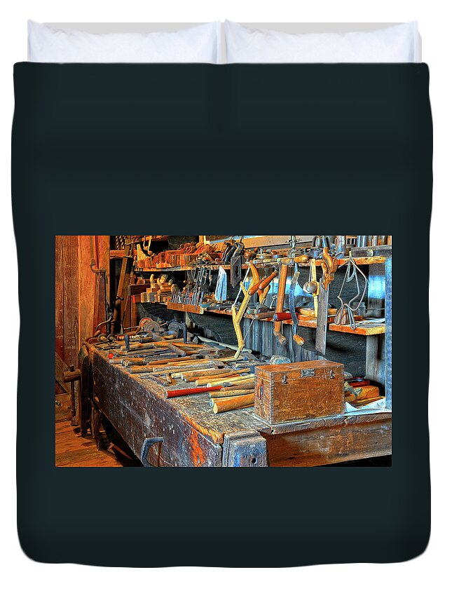 Antique Tools Duvet Cover featuring the photograph Antique Tool Bench by Dave Mills