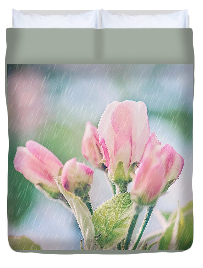 Apple Blossoms In The Rain Print Duvet Cover featuring the photograph Apple Blossoms in the Rain 12x12 Crop Print by Gwen Gibson