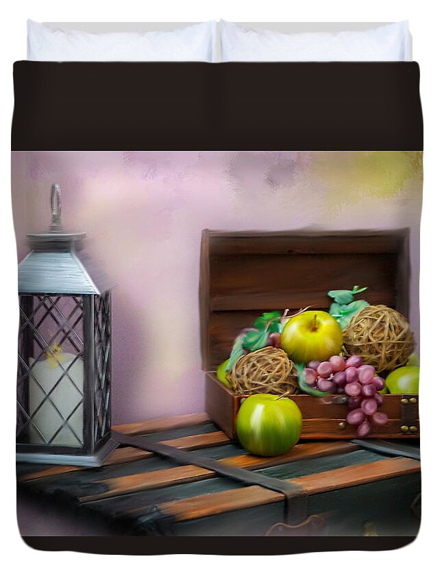 Yellow Apples Duvet Cover featuring the photograph Apples and Grapes by Mary Timman