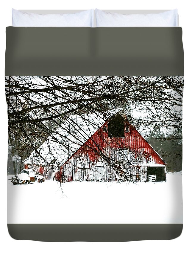 Barn Duvet Cover featuring the photograph April Blizzard by Julie Hamilton