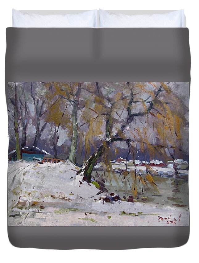 Snow Storm Duvet Cover featuring the painting April Snow Storm by Ylli Haruni