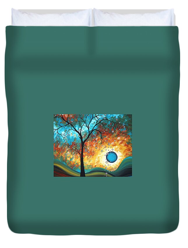 Art Painting Landscape Abstract Contemporary Painting Original Art Madart Licensing Licensor Modern Fine Art Buy Print Surreal Sun Fun Colorful Upbeat Lifestyle Brand Whimsical Tree Yellow Tan Cream Teal Aqua Turquoise Blue Circles Landscape Rust Yellow Brown Duvet Cover featuring the painting Aqua Burn by MADART by Megan Duncanson