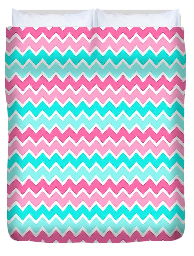 Aqua Turquoise Blue And Hot Pink Chevron Duvet Cover For Sale By