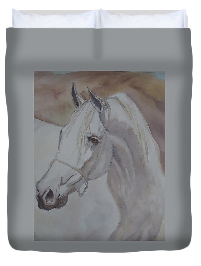 An Arabian Stallion In The Desert Dunes. Horse Duvet Cover featuring the painting Arab Stallion in the Desert by Charme Curtin