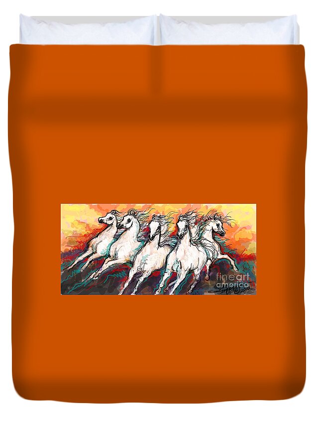 Arabian Horses Duvet Cover featuring the digital art Arabian Sunset Horses by Stacey Mayer