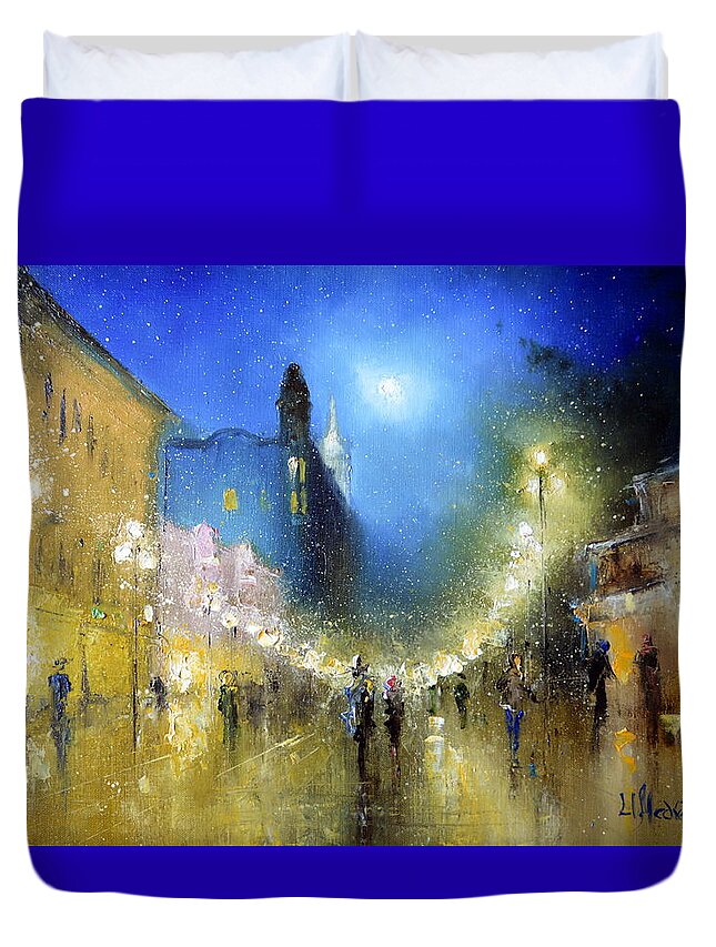 Russian Artists New Wave Duvet Cover featuring the painting Arbat Night Lights by Igor Medvedev