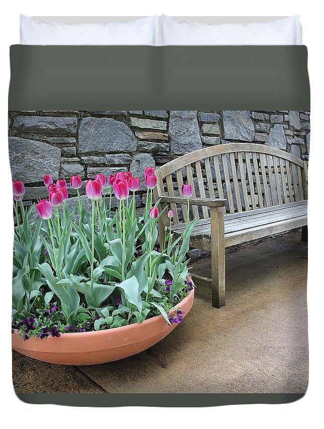 Bench Duvet Cover featuring the photograph Arboretum Bench by Allen Nice-Webb