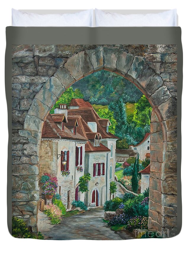 St. Cirq In Lapopie France Duvet Cover featuring the painting Arch Of Saint-Cirq-Lapopie by Charlotte Blanchard