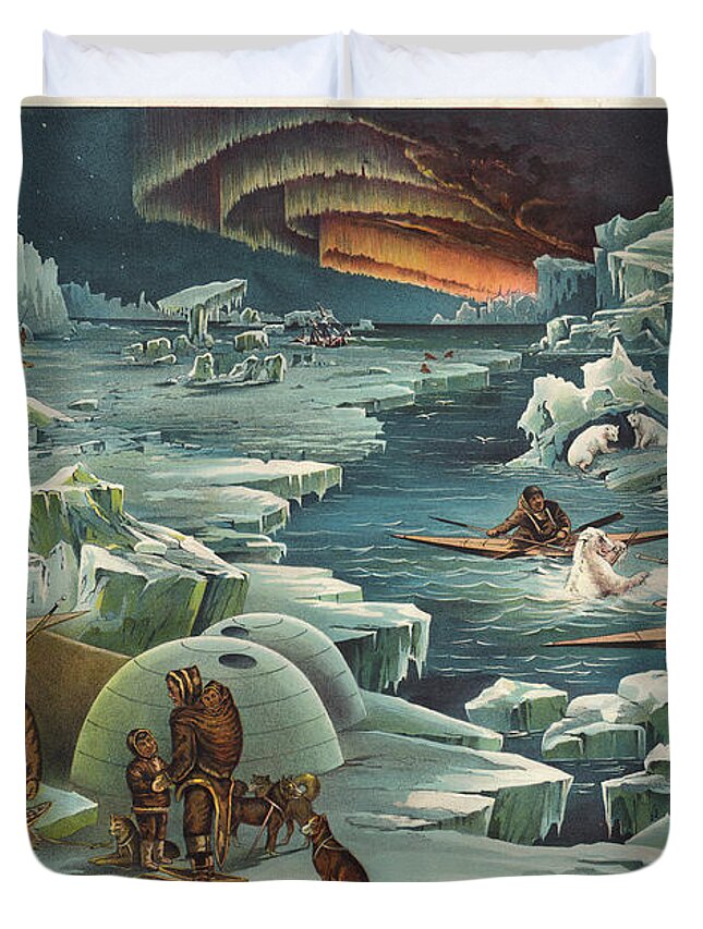 Arctic Zone Duvet Cover featuring the drawing Arctic Zone - Old Historic Atlas - Illustrated Chart - Polar region - Eskimos - Igloo - Icebergs by Studio Grafiikka