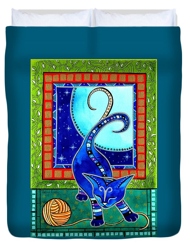 Cat Duvet Cover featuring the painting Aries Cat Zodiac by Dora Hathazi Mendes