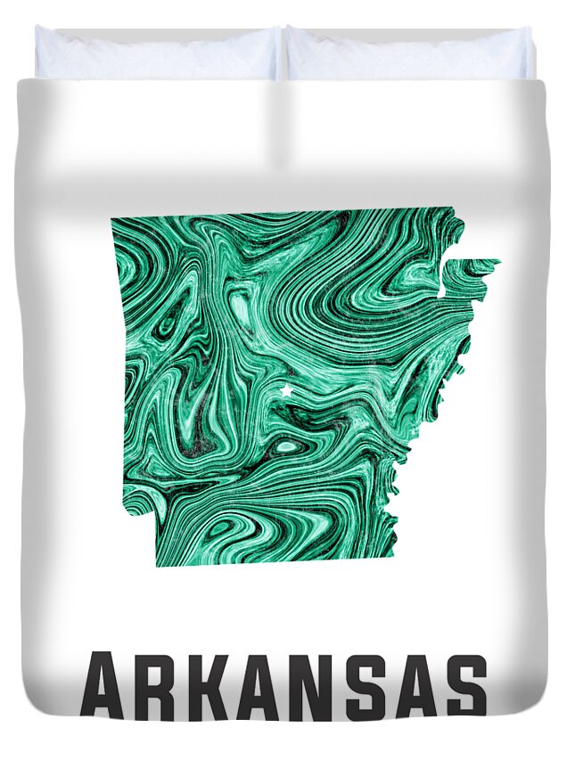 Arkansas Duvet Cover featuring the mixed media Arkansas Map Art Abstract in Green by Studio Grafiikka