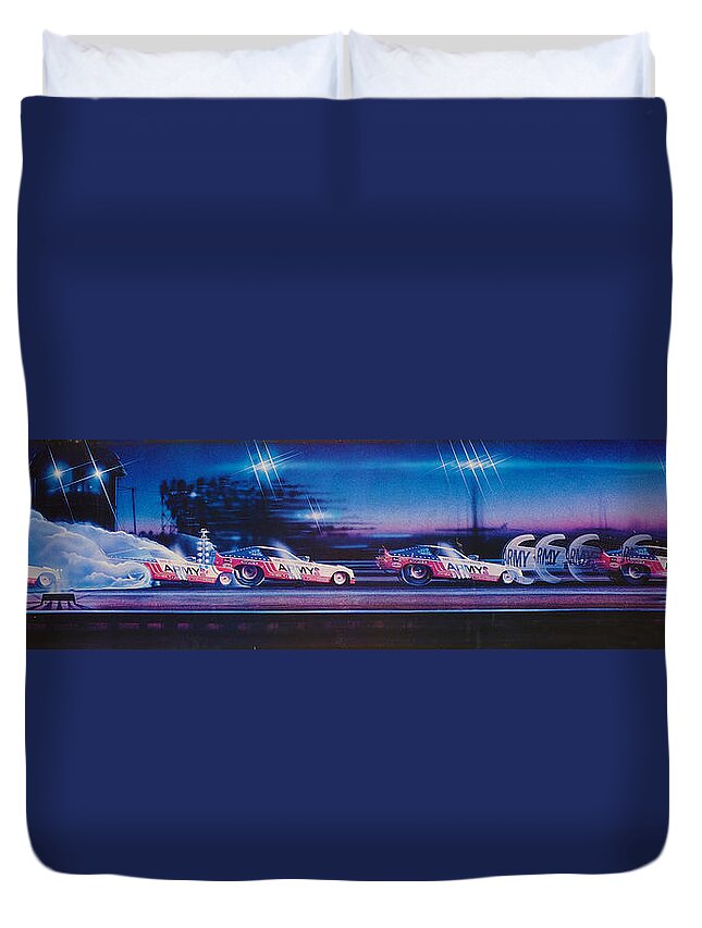 Funny Car Don Prudhomme Army Funny Car Fuel Coupe Nitro Lions Drag Strip Vega  Duvet Cover featuring the painting Army Car Sequence by Kenny Youngblood
