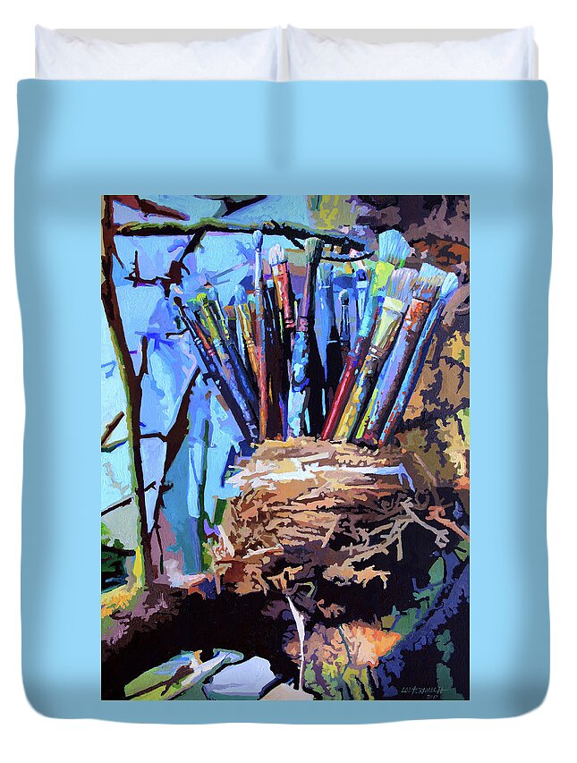 Robin Nest Duvet Cover featuring the painting Art In A Nest by John Lautermilch