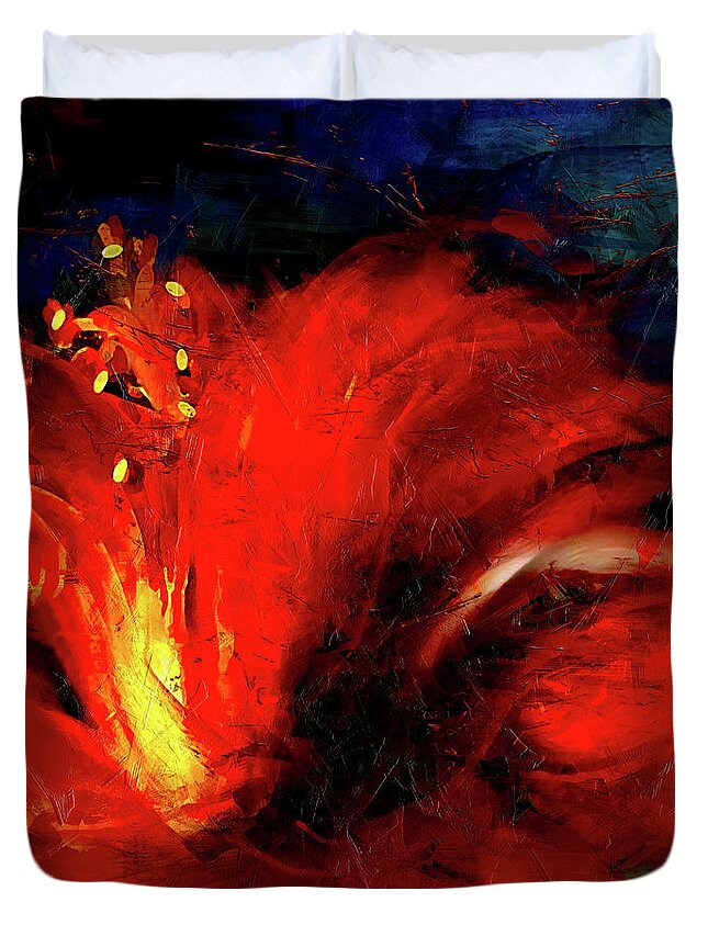 Red Hibiscus Duvet Cover featuring the painting In Red Abstract Hibiscus by Shanina Conway