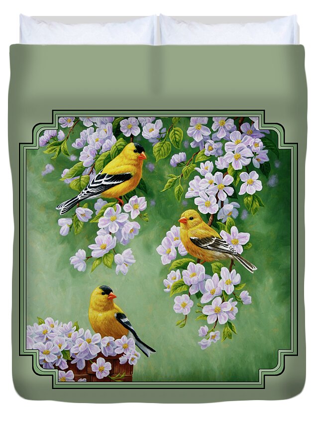 Bird Duvet Cover featuring the painting American Goldfinches and Apple Blossoms by Crista Forest