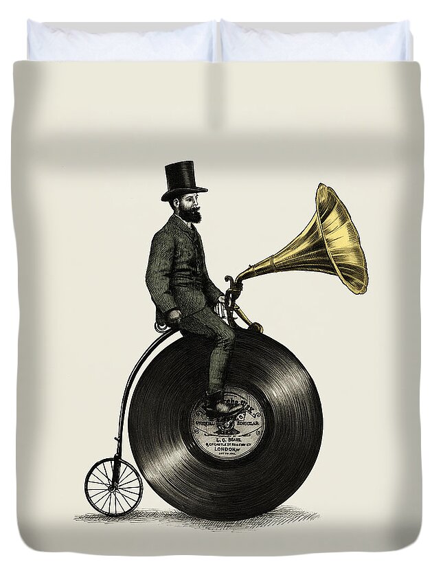 Music Vintage Vinyl Record Victorian Top Hat Gramophone Victrola Nostalgic Cycling Penny Farthing Moustache Duvet Cover featuring the drawing Music Man by Eric Fan