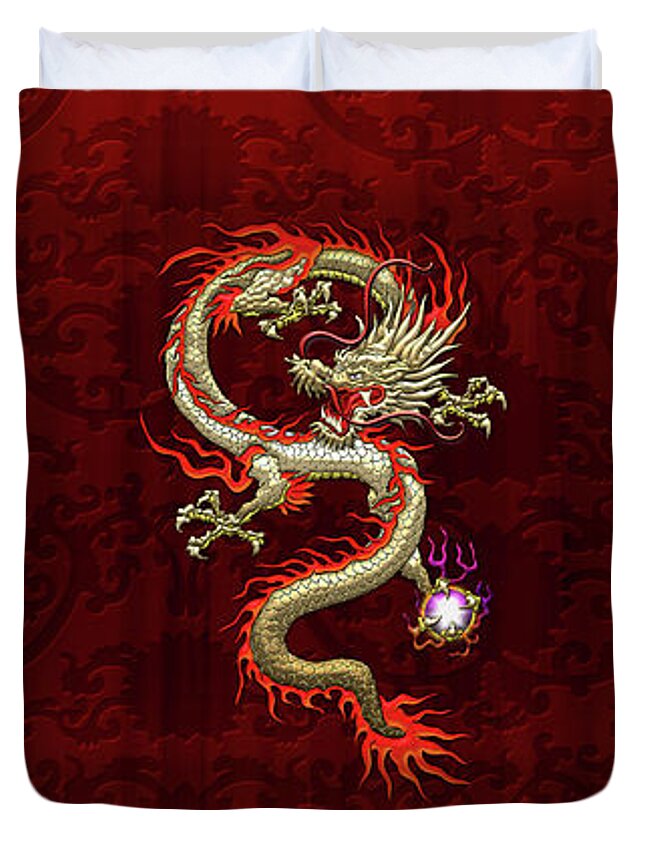 Golden Chinese Dragon Fucanglong On Red Silk Duvet Cover For Sale