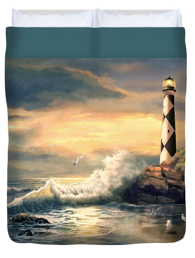  Coastal Duvet Cover featuring the painting Dwindling light Cape Lookout Lighthouse North Carolina at Sunset by Regina Femrite