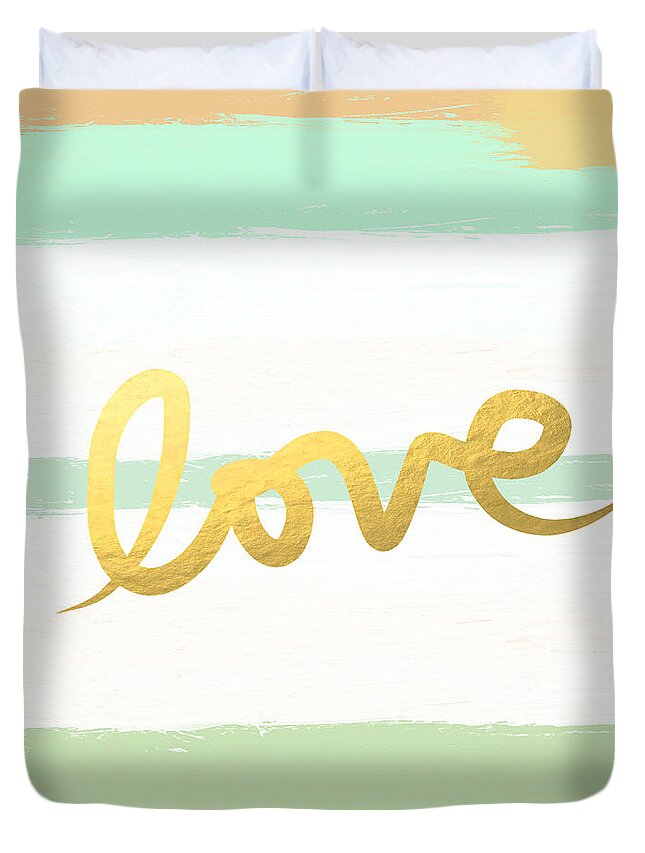 Love Duvet Cover featuring the painting Love in Mint and Gold by Linda Woods