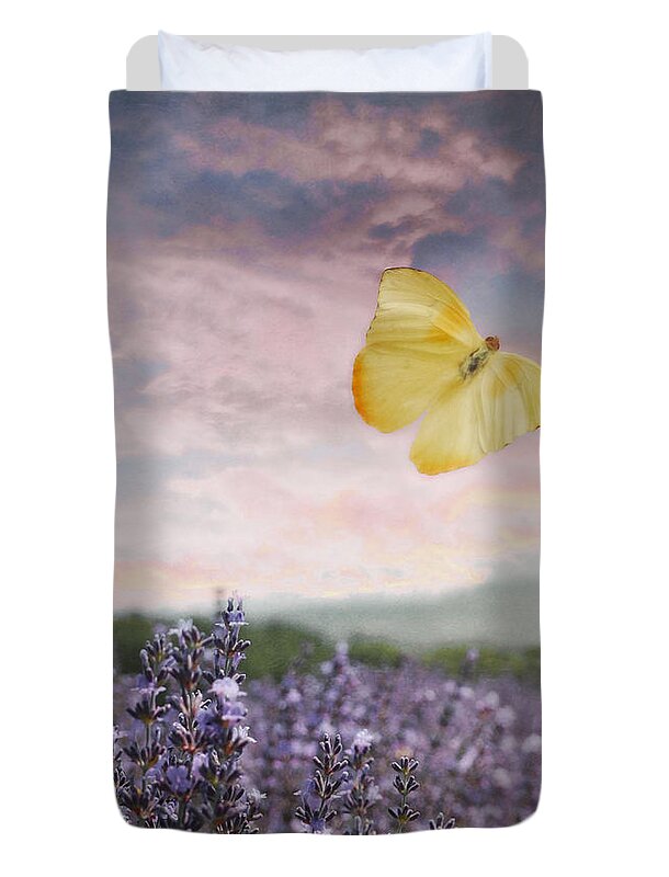 Blue And Pink Sunset Duvet Cover featuring the photograph Lavender Field Pink and Blue Sunset and Yellow Butterfly by Brooke T Ryan