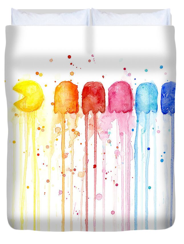 Video Game Duvet Cover featuring the painting Pacman Watercolor Rainbow by Olga Shvartsur