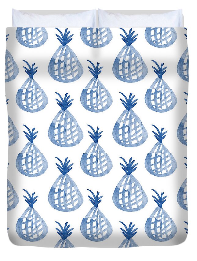 Pineapple Duvet Cover featuring the mixed media White and Blue Pineapple Party by Linda Woods