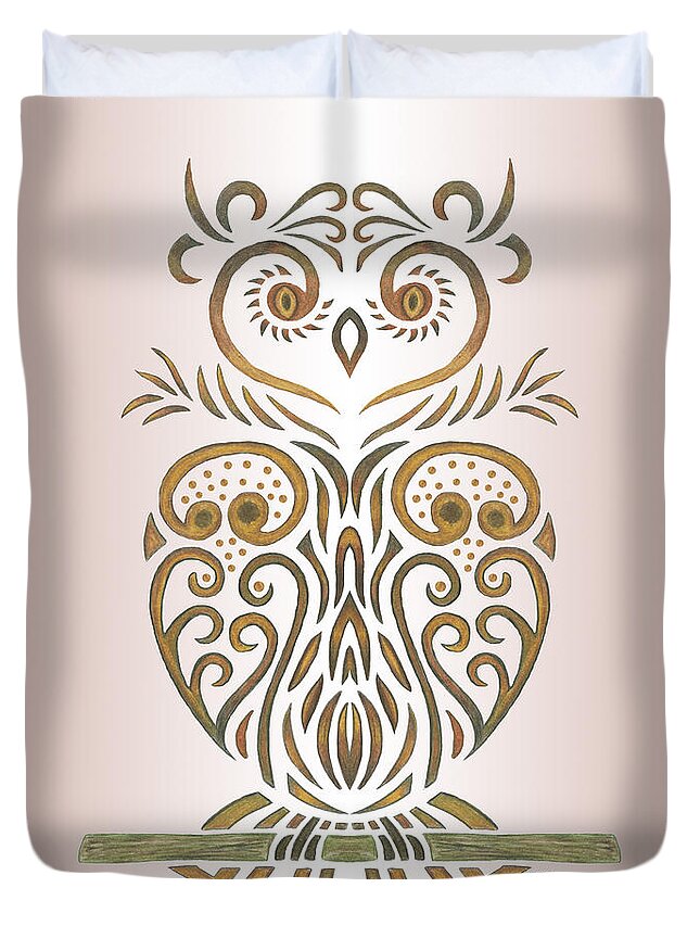 Tribal Duvet Cover featuring the drawing Tribal Owl by Heather Schaefer