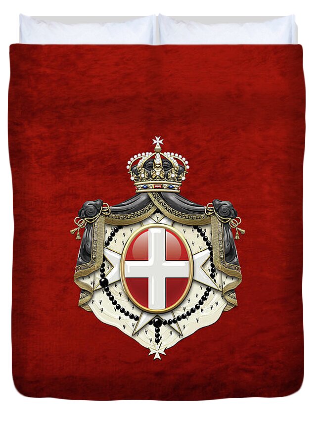 'ancient Brotherhoods' Collection By Serge Averbukh Duvet Cover featuring the digital art Sovereign Military Order of Malta Coat of Arms over Red Velvet by Serge Averbukh