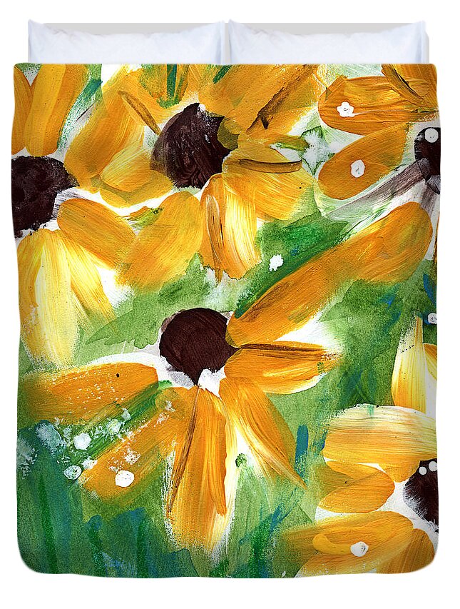 Sunflowers Duvet Cover featuring the painting Sunflowers by Linda Woods