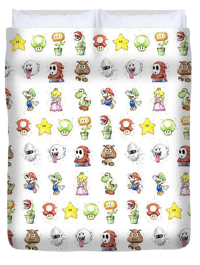 Mario Duvet Cover featuring the painting Mario Characters in Watercolor by Olga Shvartsur