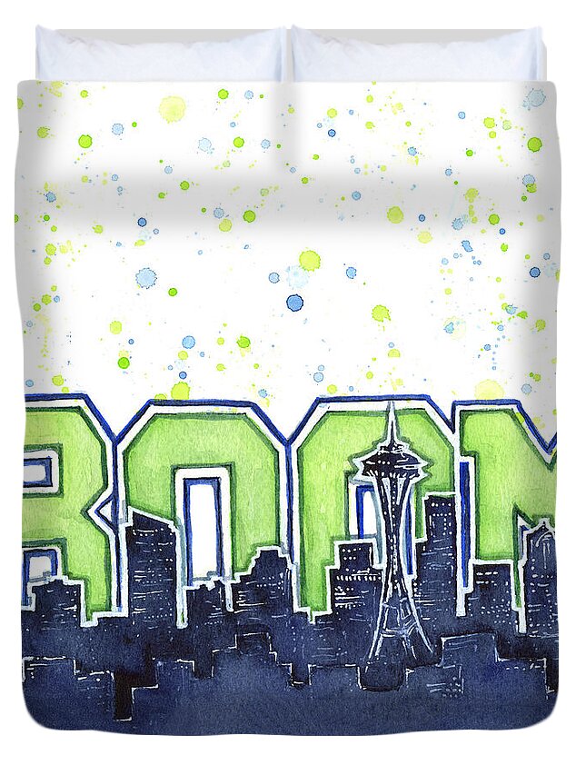 Seattle Duvet Cover featuring the painting Seattle 12th Man Legion of Boom Painting by Olga Shvartsur