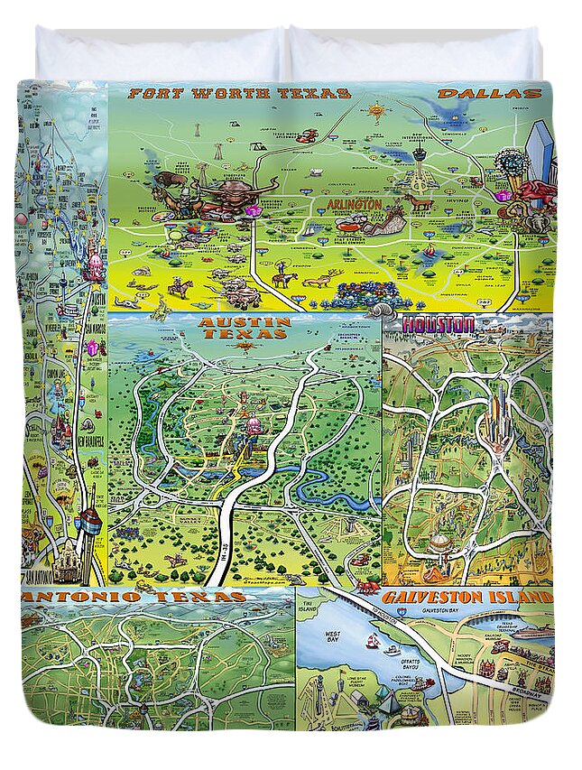 Texas Duvet Cover featuring the digital art Texas FUN Maps by Kevin Middleton