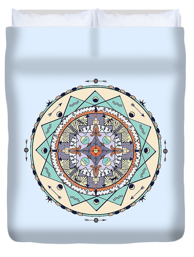 Pastel Duvet Cover featuring the digital art Native Symbols Mandala by Deborah Smith