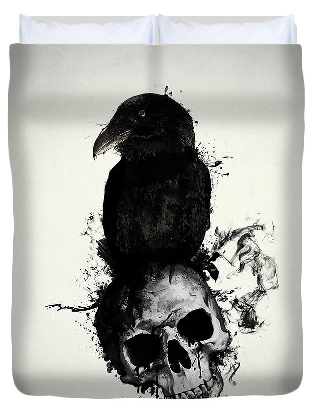 Raven Duvet Cover featuring the mixed media Raven and Skull by Nicklas Gustafsson
