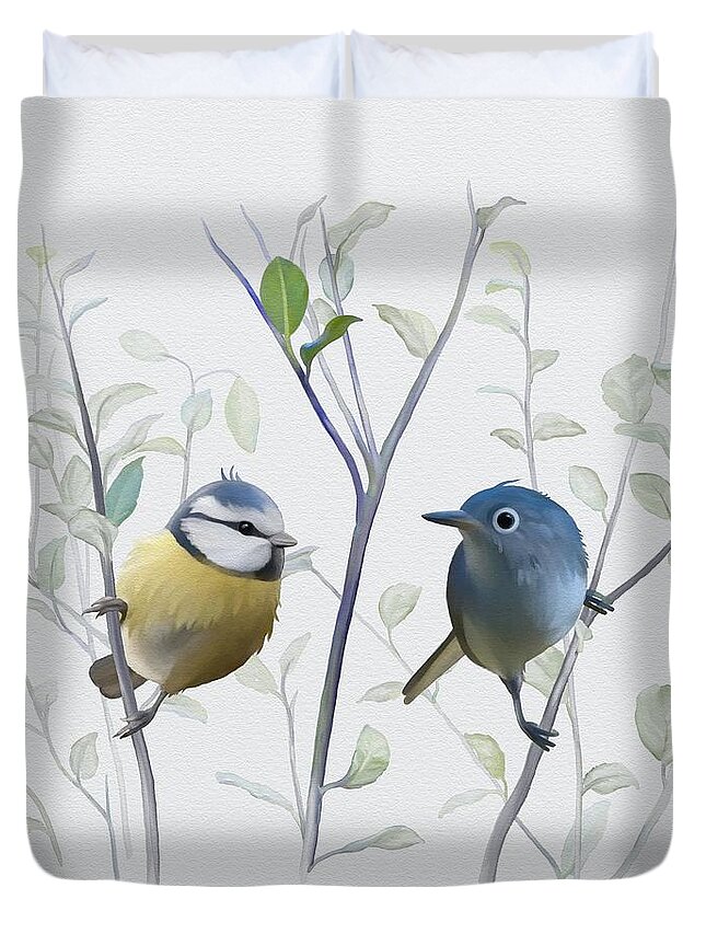Ornithology. Ornithological Illustration Duvet Cover featuring the painting Birds in tree by Ivana Westin