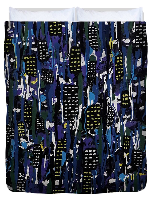 Stormy Duvet Cover featuring the painting Stormy Night in the City by Teresa Wing