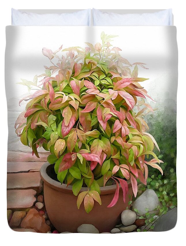 Nandina Firepower Duvet Cover featuring the painting Dew on leaves by Ivana Westin