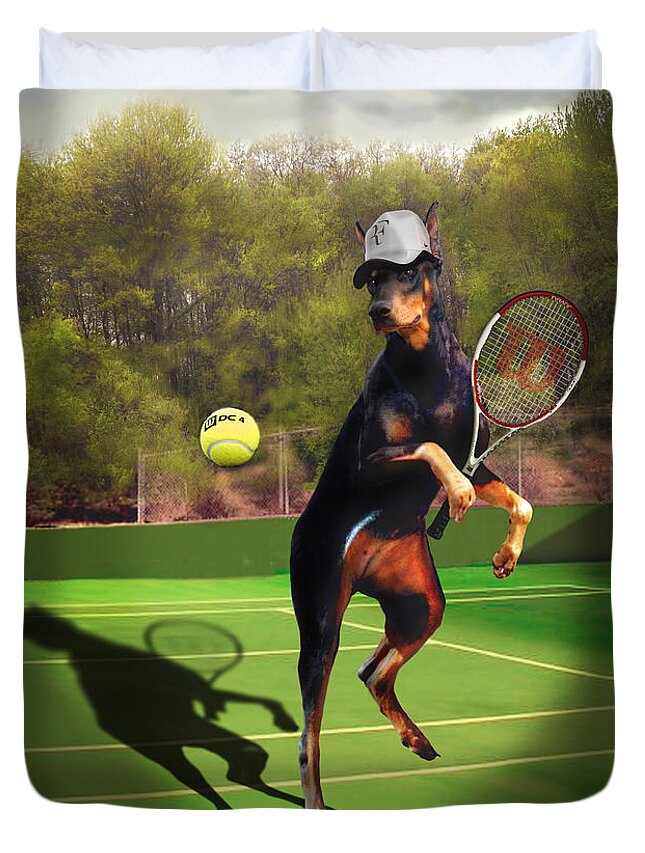 Fine Art Duvet Cover featuring the painting funny pet scene tennis playing Doberman by Regina Femrite