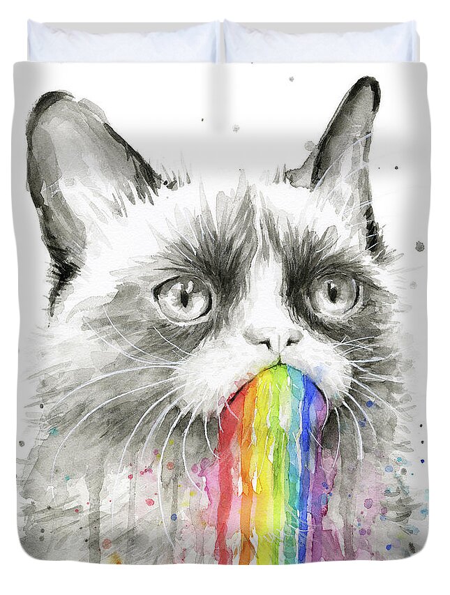 Grumpy Duvet Cover featuring the painting Grumpy Rainbow Cat by Olga Shvartsur