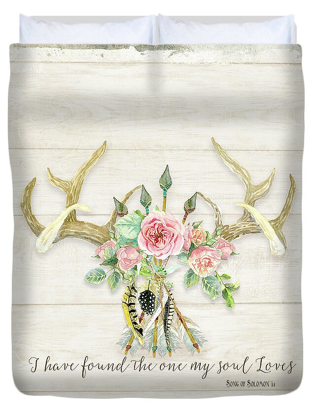 Watercolor Duvet Cover featuring the painting BOHO Love - Deer Antlers Floral Inspirational by Audrey Jeanne Roberts