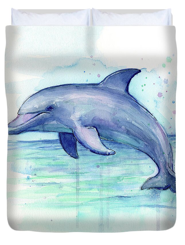 Dolphin Duvet Cover featuring the painting Dolphin Watercolor by Olga Shvartsur