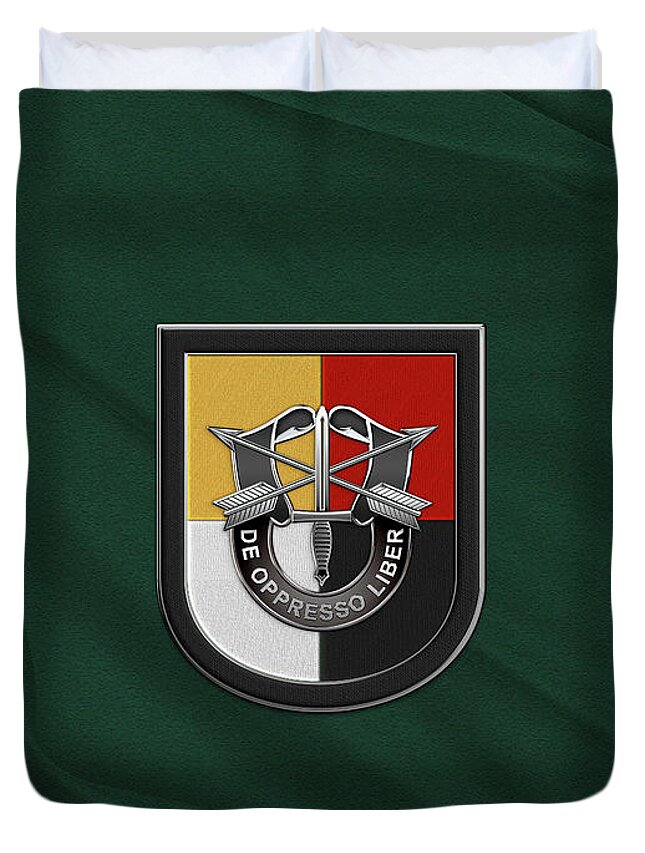 'u.s. Army Special Forces' Collection By Serge Averbukh Duvet Cover featuring the digital art U. S. Army 3rd Special Forces Group - 3 S F G Beret Flash over Green Beret Felt by Serge Averbukh