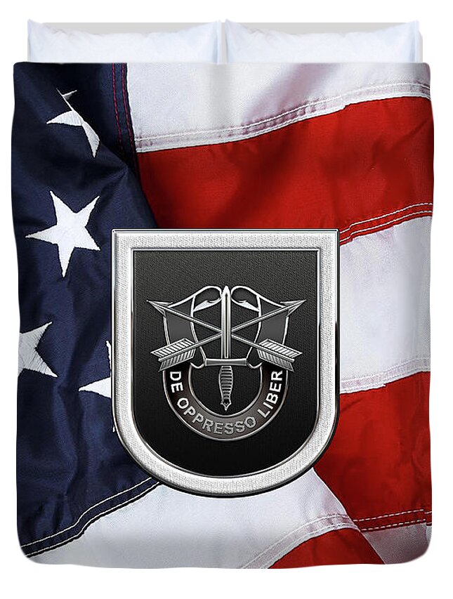 'u.s. Army Special Forces' Collection By Serge Averbukh Duvet Cover featuring the digital art U. S. Army 5th Special Forces Group - 5 S F G Beret Flash over American Flag by Serge Averbukh