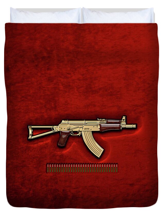 'the Armory' Collection By Serge Averbukh Duvet Cover featuring the digital art Gold A K S-74 U Assault Rifle with 5.45x39 Rounds over Red Velvet by Serge Averbukh