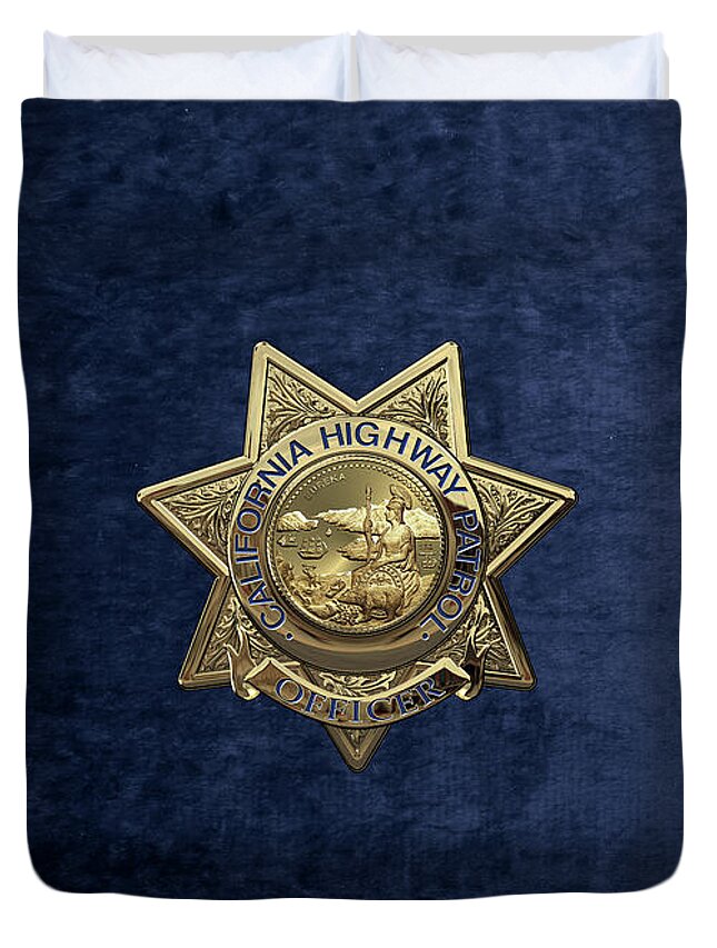 'law Enforcement Insignia & Heraldry' Collection By Serge Averbukh Duvet Cover featuring the digital art California Highway Patrol - C H P Police Officer Badge over Blue Velvet by Serge Averbukh