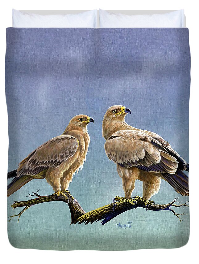 Kenya Duvet Cover featuring the painting Tawny Eagles by Anthony Mwangi