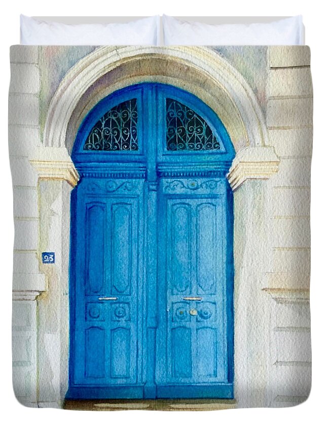 Porte Duvet Cover featuring the painting Porte Bleue de l'Ancien Notaire by Francoise Chauray