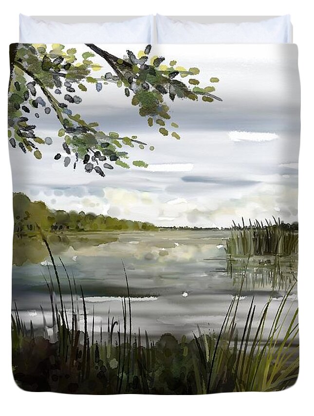 Painting Duvet Cover featuring the painting Quiet day by lake by Ivana Westin