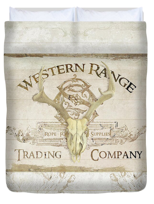 Western Duvet Cover featuring the painting Western Range 3 Old West Deer Skull Wooden Sign Trading Company by Audrey Jeanne Roberts