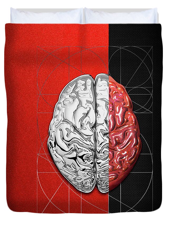 'dualities' Collection By Serge Averbukh Duvet Cover featuring the digital art Dualities - Half-Silver Human Brain on Red and Black Canvas by Serge Averbukh